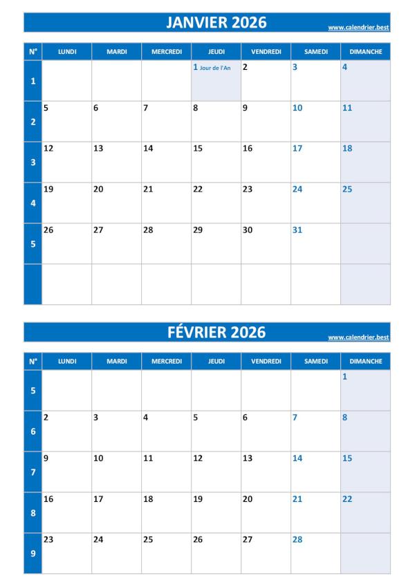 Calendrier des mois de janvier et février 2026 à imprimer ssur une page au format portrait, template bleu. Calendrier janvier février 2026, portrait, bleu.