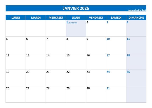 Calendrier du mois de janvier 2026 avec jours fériés à imprimer.