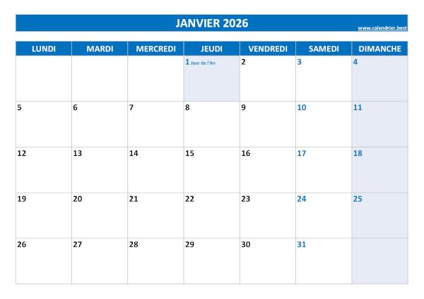 Calendrier janvier 2026 à imprimer avec jours fériés.