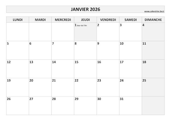 Calendrier janvier 2026 à imprimer avec jours fériés.