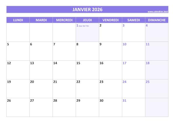 Calendrier janvier 2026 à imprimer avec jours fériés.