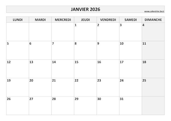 Calendrier janvier 2026 à imprimer.