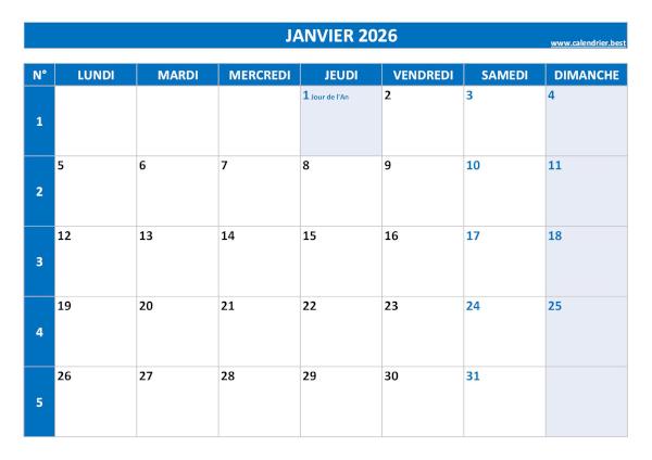 Calendrier janvier 2026 à imprimer.