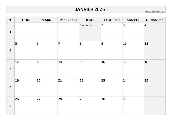 Calendrier janvier 2026 avec semaines.