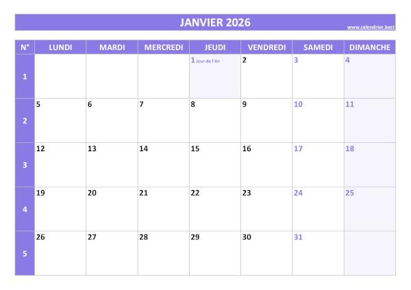 Calendrier janvier 2026 avec semaines.