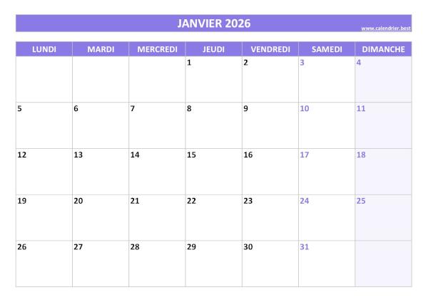 Calendrier janvier 2026 à imprimer.