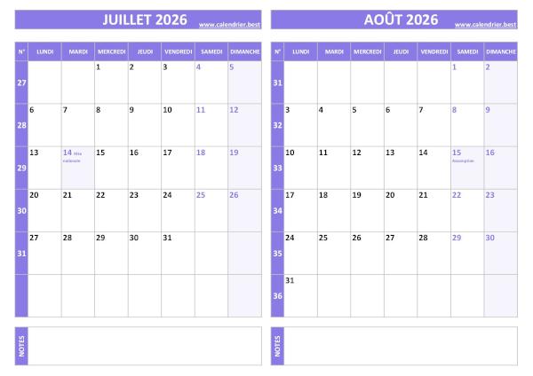 Calendrier de juillet et août 2026 à imprimer sur une page au format paysage, template violet. Calendrier juillet août 2026.