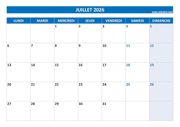 Calendrier juillet 2026 vierge à imprimer.