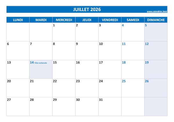 Calendrier du mois de juillet 2026 avec jours fériés à imprimer.