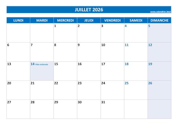 Calendrier Juillet 2026 à imprimer avec jours fériés.