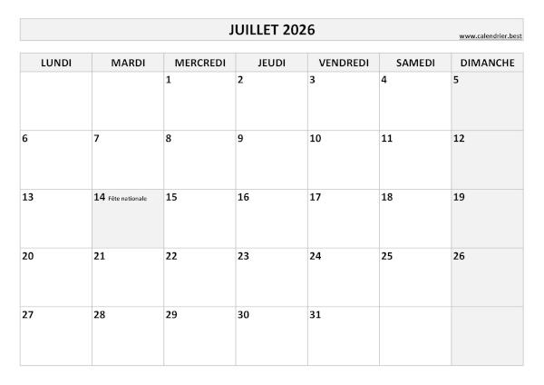 Calendrier Juillet 2026 à imprimer avec jours fériés.