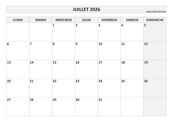 Calendrier Juillet 2026 à imprimer.