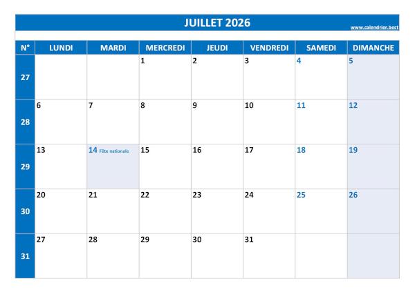 Calendrier du mois de juillet 2026 avec semaines à imprimer.