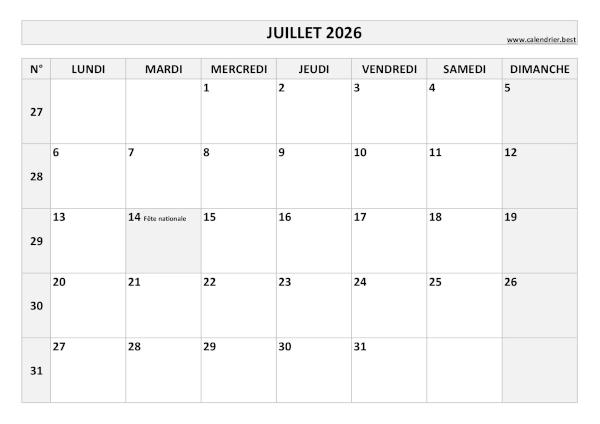 Calendrier Juillet 2026 avec semaines.