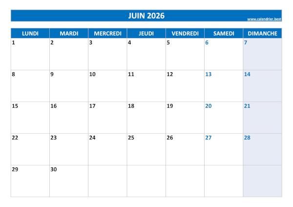 Calendrier Juin 2026 à imprimer.