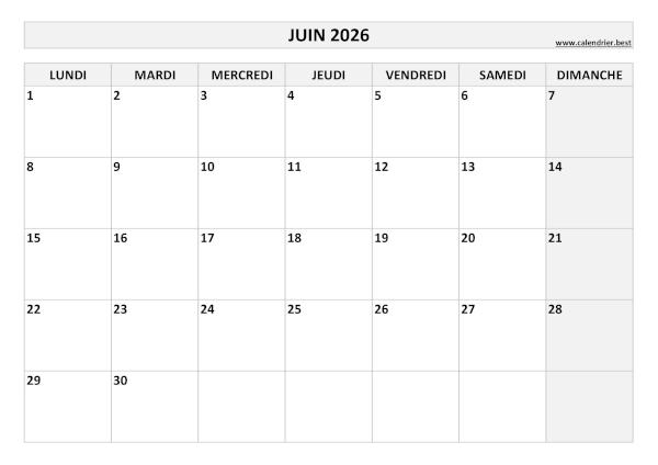 Calendrier juin 2026 vierge à imprimer.