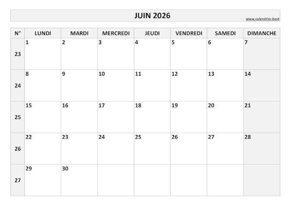Calendrier du mois de juin 2026 avec semaines à imprimer.