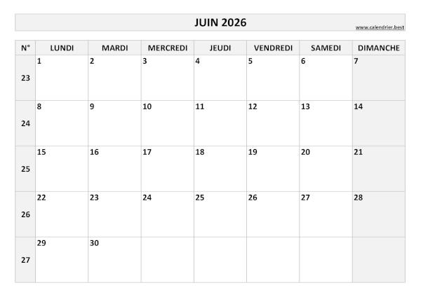 Calendrier Juin 2026 avec semaines.