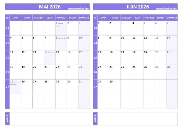 Calendrier de mai et juin 2026 à imprimer sur une page au format paysage, template violet. Calendrier mai juin 2026.