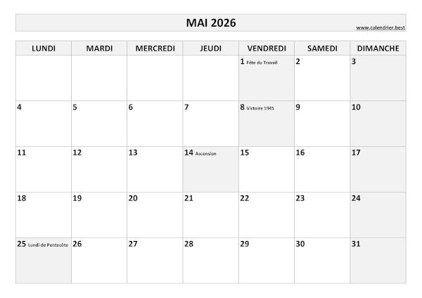 Calendrier Mai 2026 à imprimer avec jours fériés.