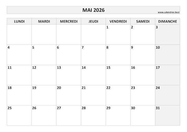 Calendrier Mai 2026 à imprimer.