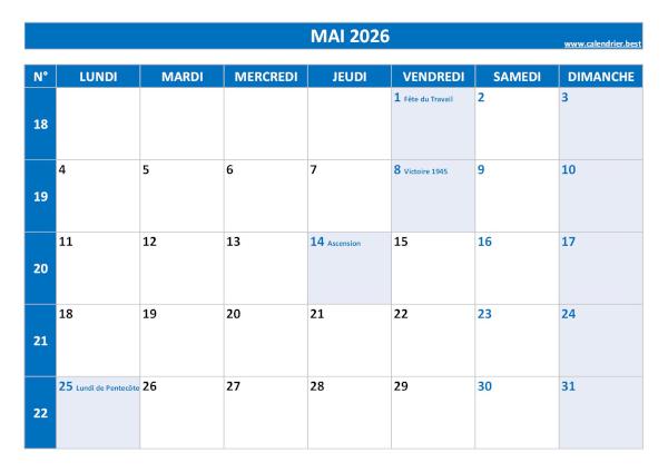 Calendrier mai 2026 avec semaines.