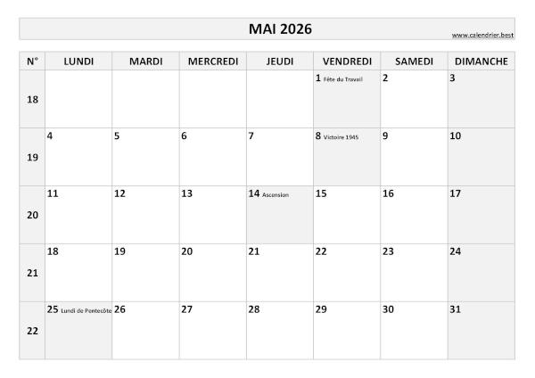 Calendrier Mai 2026 avec semaines.