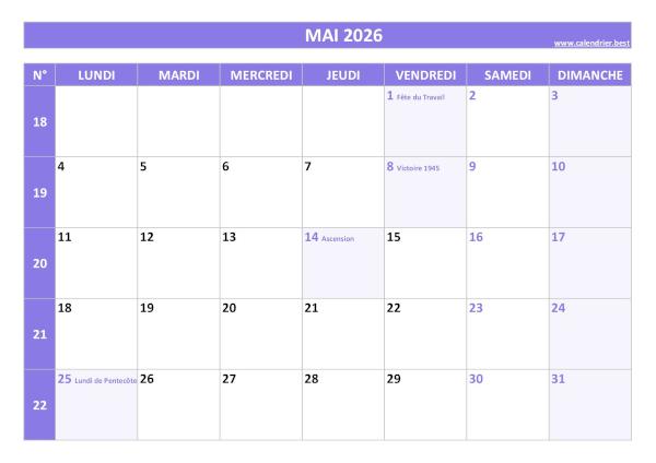 Calendrier du mois de mai 2026 avec semaines à imprimer.