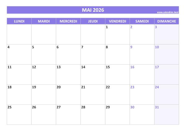 Calendrier du mois de mai 2026 à imprimer.