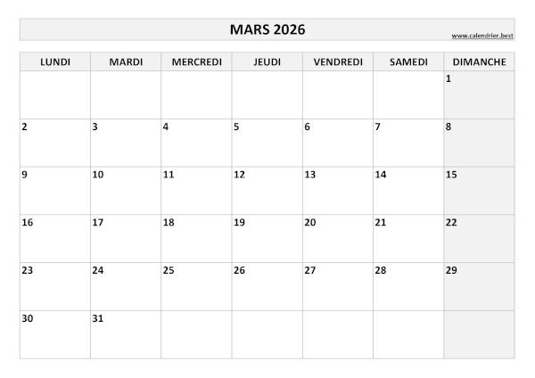 Calendrier du mois de mars 2026 à imprimer.