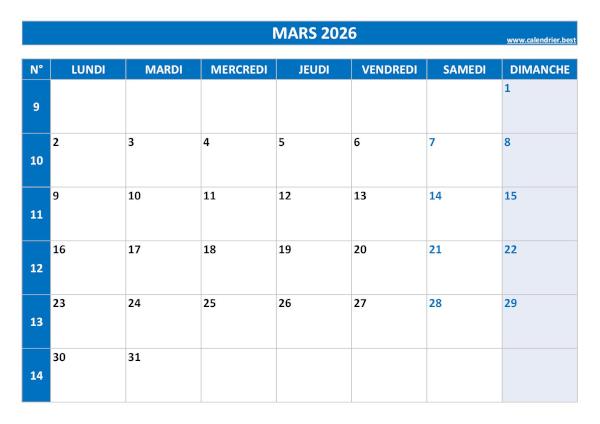 Calendrier mars 2026 à imprimer.