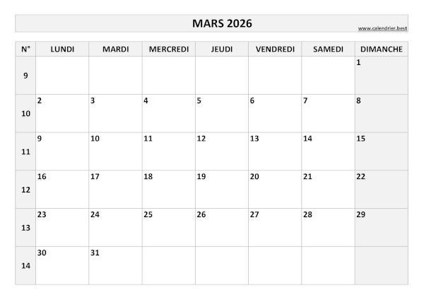 Calendrier du mois de mars 2026 avec numéros de semaines à imprimer gratuitement en pdf ou jpg, format A4 paysage, thème noir-et-blanc. Calendrier mars 2026 avec semaines.