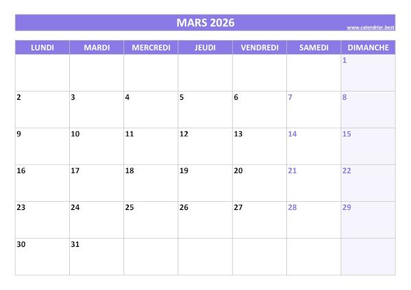 Calendrier mars 2026 à imprimer.