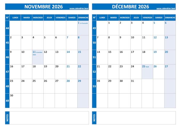 Calendrier de novembre et décembre 2026 à imprimer sur une page au format paysage, template bleu. Calendrier novembre et décembre.