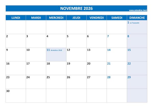 Calendrier Novembre 2026 à imprimer avec jours fériés.