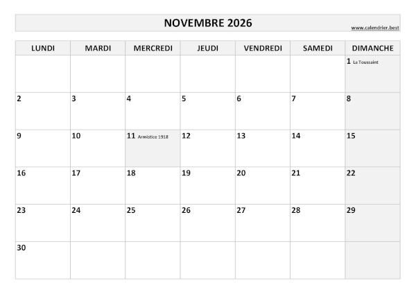 Calendrier du mois de novembre 2026 avec jours fériés à imprimer.