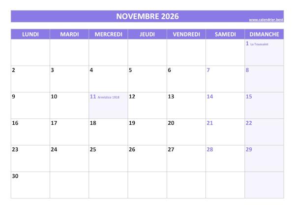 Calendrier Novembre 2026 à imprimer avec jours fériés.