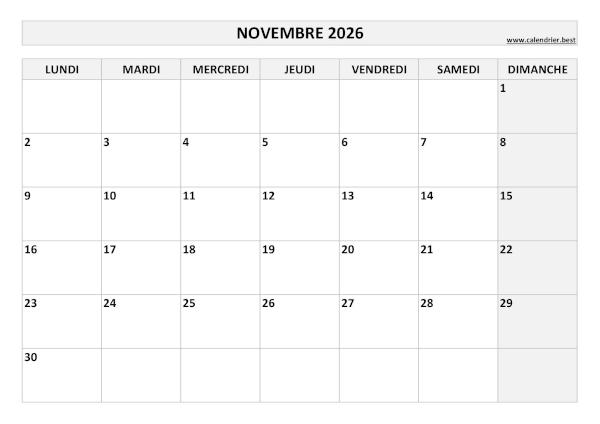 Calendrier Novembre 2026 à imprimer.