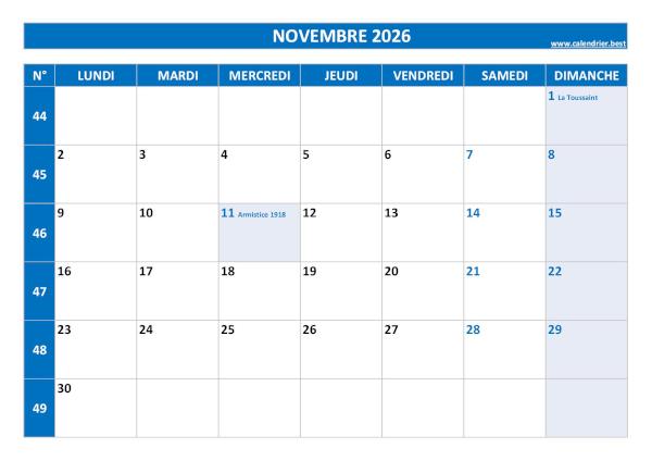 Calendrier novembre 2026 à imprimer.