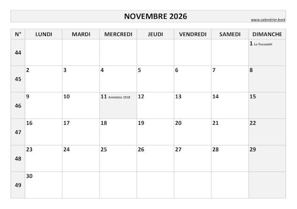 Calendrier Novembre 2026 avec semaines.