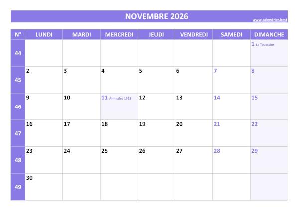 Calendrier du mois de novembre 2026 avec semaines à imprimer.