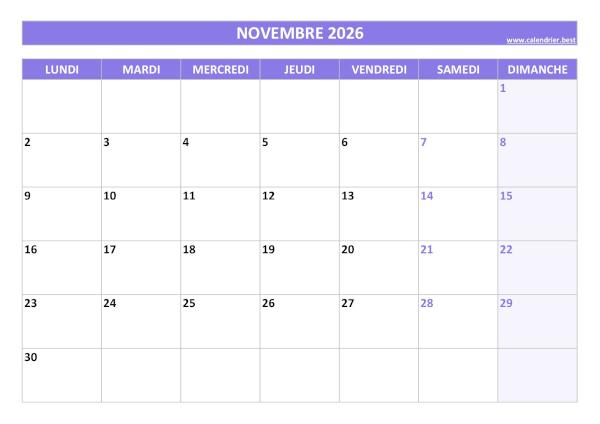 Calendrier mensuel vierge à imprimer, mois de novembre 2026, thème violet. Calendrier novembre 2026 vierge à imprimer.