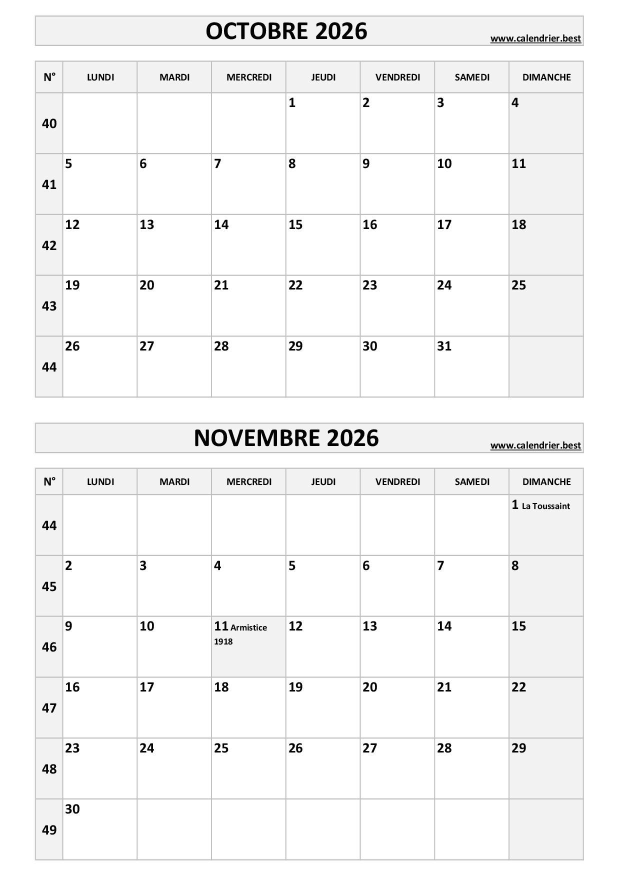 Calendrier Octobre Et Novembre 2026 Imprimer Calendrier best