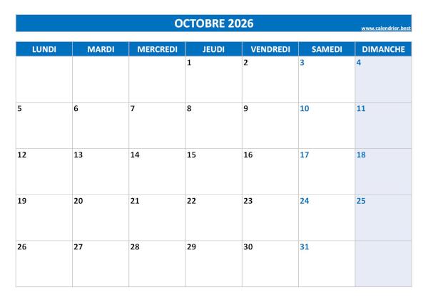 Calendrier du mois d'octobre 2026 à imprimer.