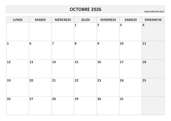 Calendrier Octobre 2026 à imprimer.