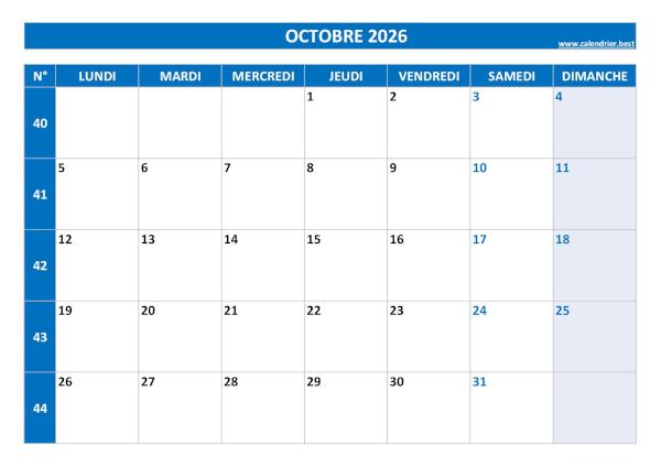 Calendrier du mois d'octobre 2026 avec semaines à imprimer.