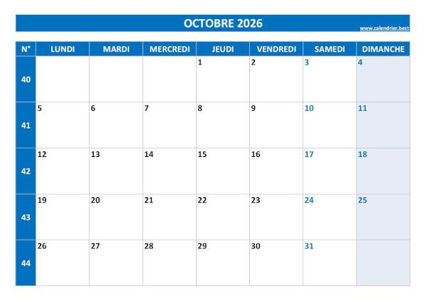 Calendrier octobre 2026 à imprimer.