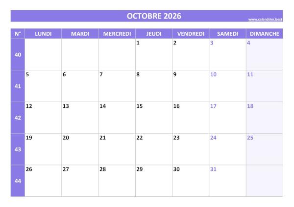 Calendrier Octobre 2026 avec semaines.