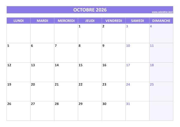 Calendrier Octobre 2026 à imprimer.