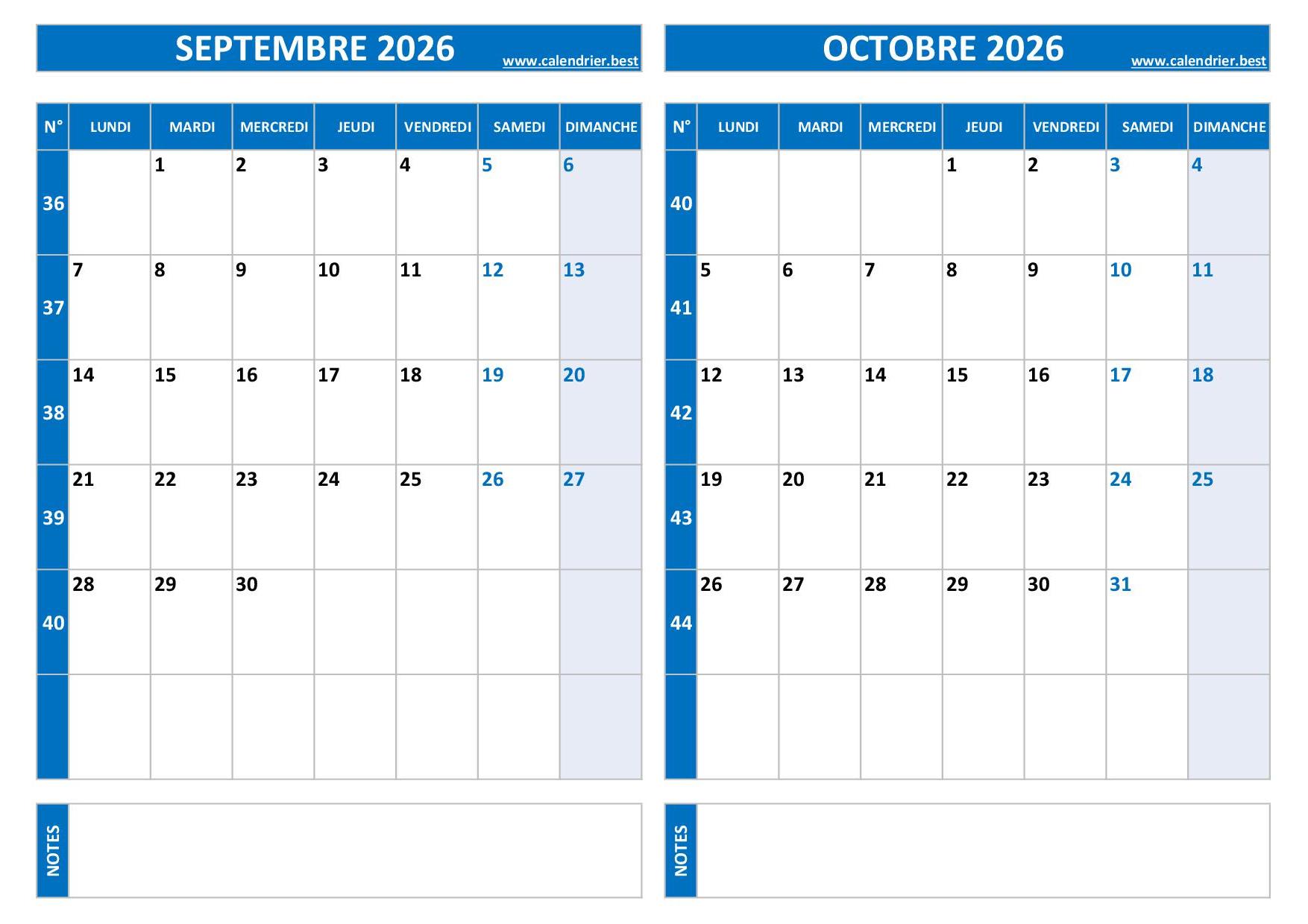 Calendrier Septembre Et Octobre 2026 Imprimer Calendrier best